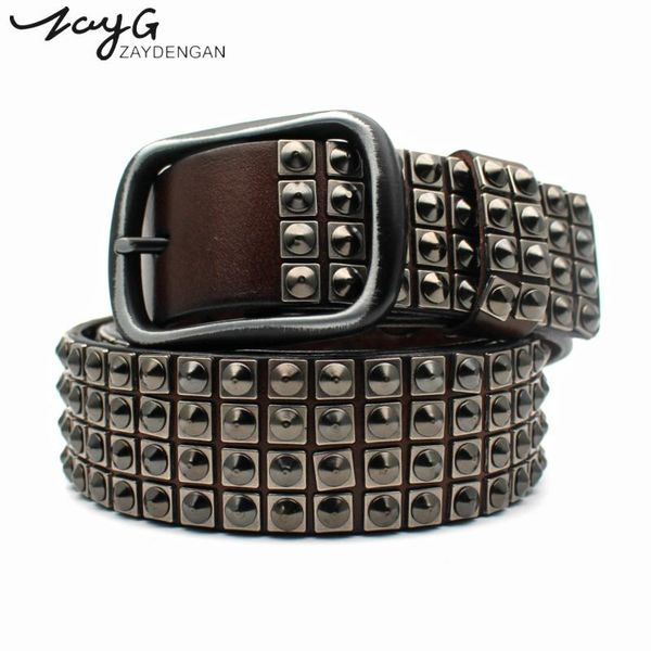 

zayg fashion punk personality pin buckle rivet belt hip hop men and woman black brown leather tip studded belt