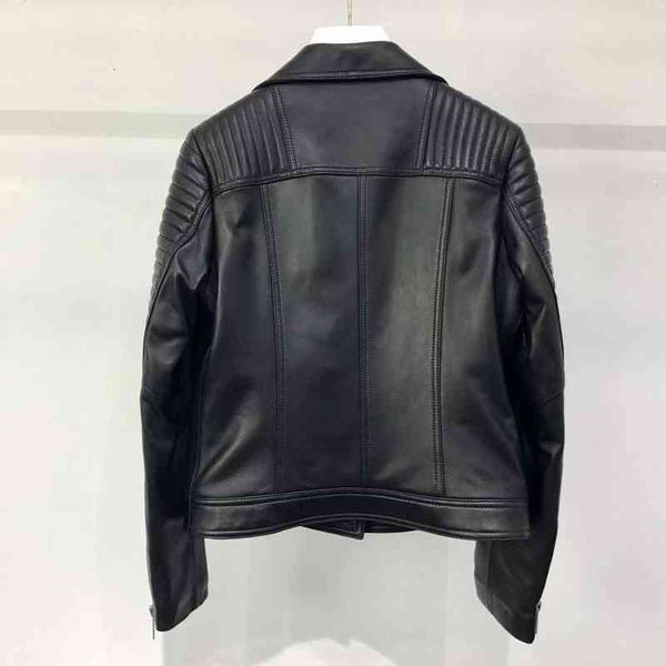 

black autumn 100% sheepskin women's jacket designer lining plaid print zipper button slim genuine leather jackets womens 80702, Black;brown