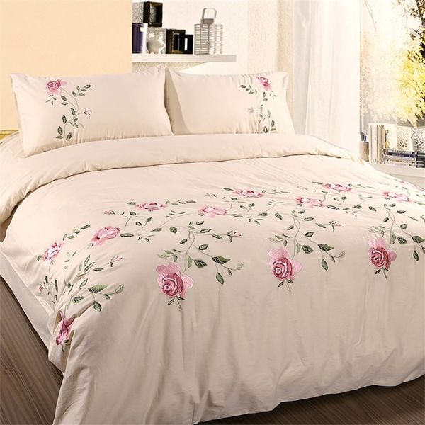 Vintage Blumen bestickt weiß rosa grau Bettbezug Bettlaken Kissenbezüge Twin Full Queen King Size Baumwolle weiche Bettwäsche Set T200706