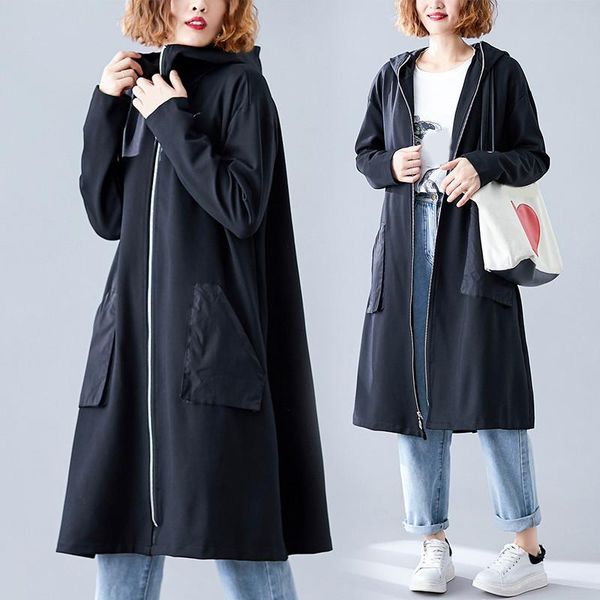 

2020 new large size coat waist loose hooded long windbreaker women spring autumn trench coats black outerwear v1097, Tan;black