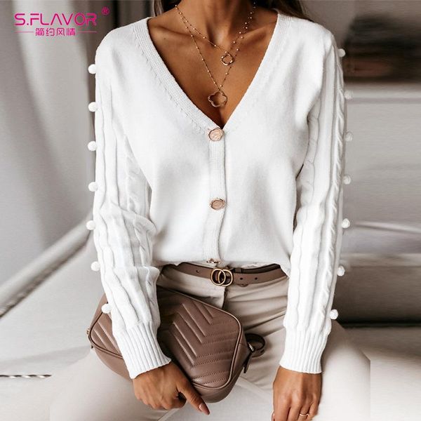

s.flavor women spring ball cardigan sweater 2021 white knitted long sleeve button sweater female casual v neck jumper coat