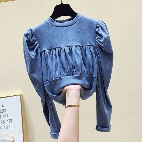 

pleated korean court 2020 foreign style new bubble with solid color long sleeve top, Black;gray