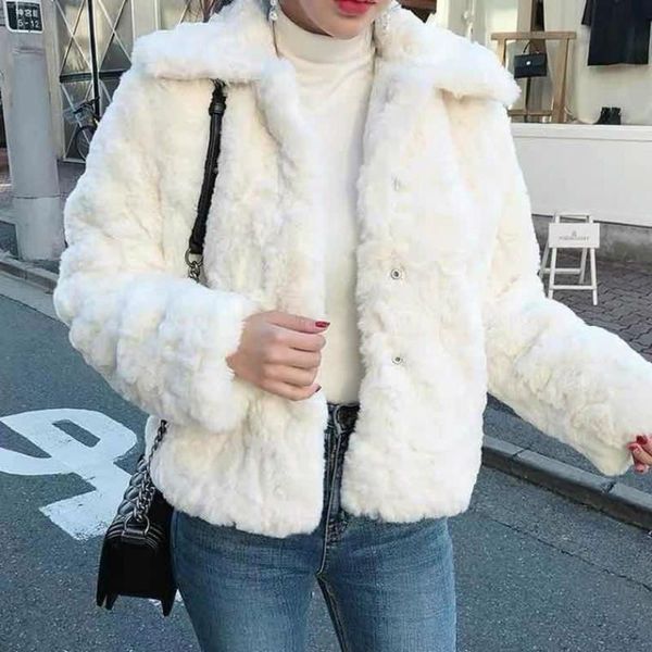 

2021 women autumn winter imitation lamb wool fur coat lady loose long sleeve short outwear female casual solid plush jacket e295, Black