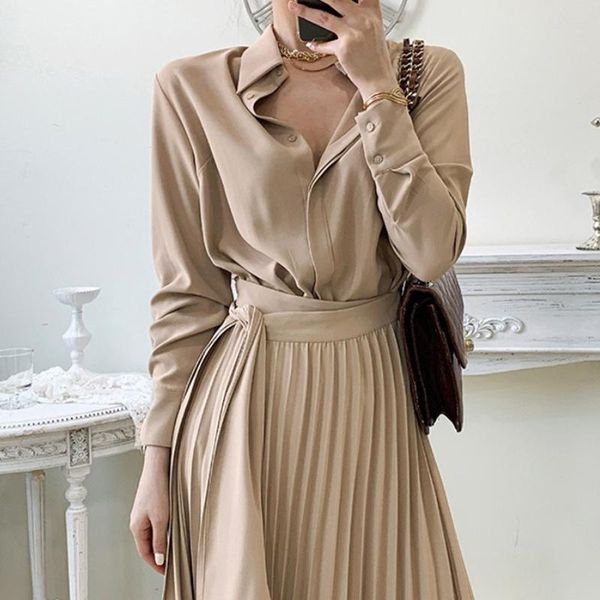 

korean chic pleated long shirt dresses women french elegant solid lapel high waist dress female 2021 autumn spring lady vestido, Black;gray
