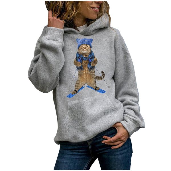 

animal cat print women sweatshirts hooded casual pullovers hoodie long sleeves loose hoodies women plus size q0105, Black