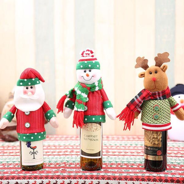 

smiry 1pc santa claus knitting red wine bottle cover bags cute flannelette christmas gift holders dinner table decoration1