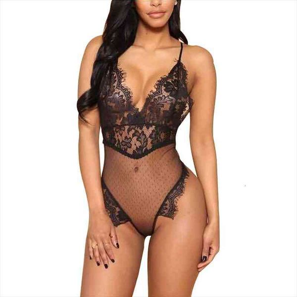 

summer women spaghetti strap skinny romper transparent floral lace deep v backless sheer mesh bodysuit female, Black;white