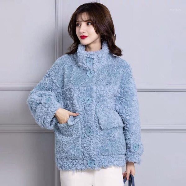 

women 2021 new real fur coats female natural sheep sheared fur jacket lady casual loose granular genuine plush short outwear c511, Black