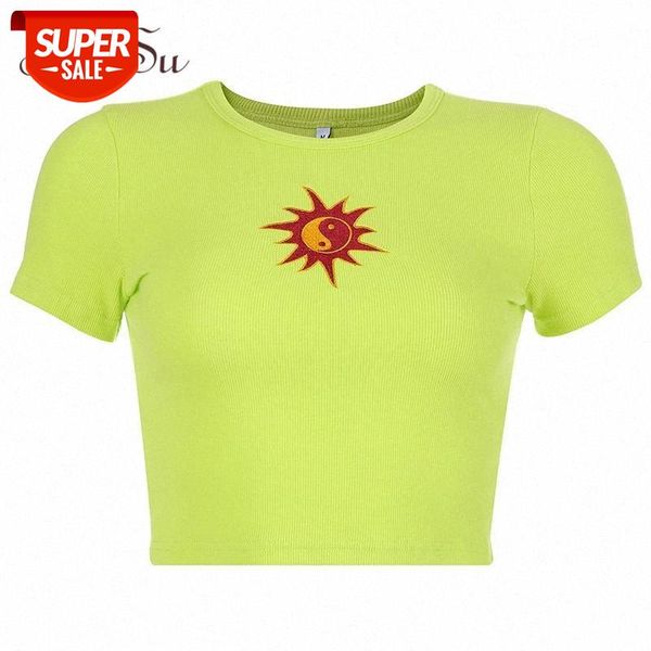 

artsu 2021 summer sun embroidery short sleeve t-shirt women crop shirt tee shirt femme basic tshirt green streetwear asts20693 #zw5v, White
