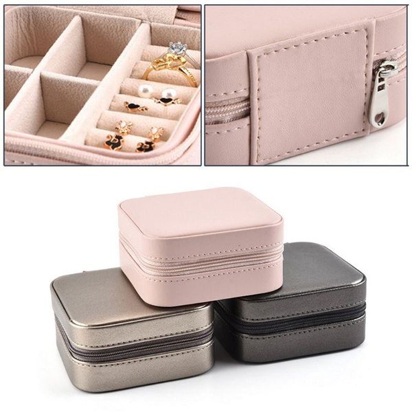 

portable travel jewellery case necklace earrings rings bracelet storage container faux pu zipper box jewelry organizer, Pink;blue