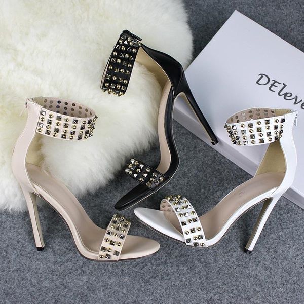 

summer prom party stilettos single shoes womens lady grils shoes heel-strap sandals thin high heels heel 11.5 cm rivets fast shipping, Black
