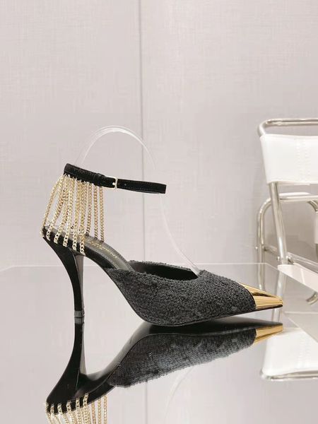 2022 Последние высокие каблуки обувь настоящий овчины золотая головка мода женская обувь невесте пряжки шпильковых сандалии заостренные носки сандалии голена ярко-цепь алмазной цепи