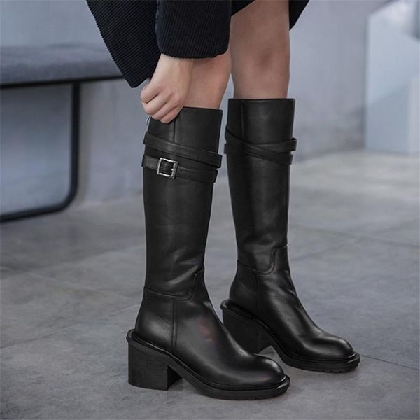 

pxelena luxury punk goth женщины knight колено высокие сапоги реальная кожа коровы коренастый блок пятки пряжка мотоцикл обувь, Black