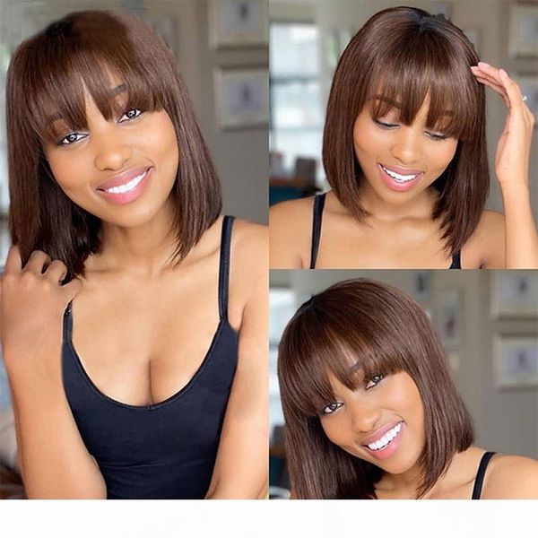 

short human hair wig with fringe for women straight remy hair bob wigs with bangs dark brown, Black;brown
