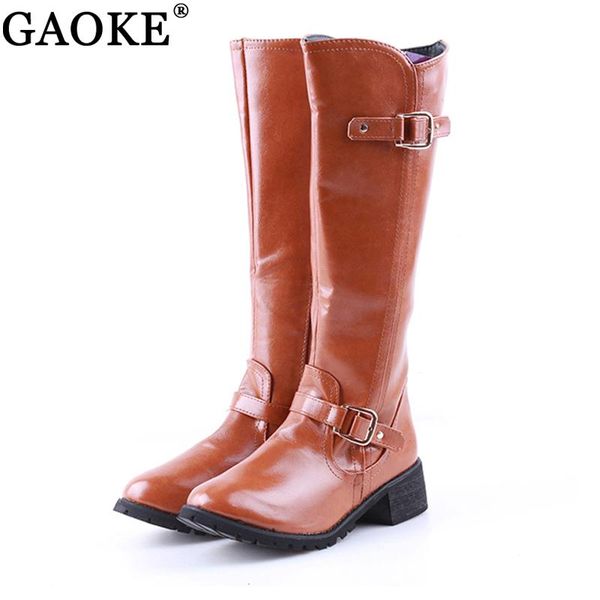 

winter boots womens square low heel riding motorcycle heel knee high boots punk gothic platform ankle buckle strap shoes, Black