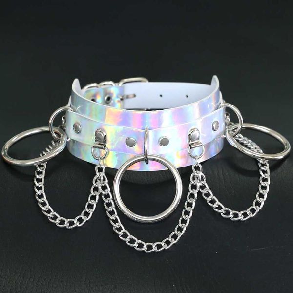 

holographic choker chain necklace punk rainbow leather collar women holo chocker party emo rave festival costume jewelry, Golden;silver