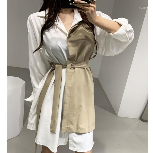

ewq] korean style spring dress women new 2020 autumn cotton fake two-piece ladies shirt dresses long sleeve women clothing1, Black;gray