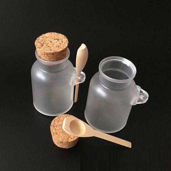 

a-frosted plastic cosmetic containers with cork cap and spoon bath salt mask powder cream packing bottles makeup storage jars dhb625