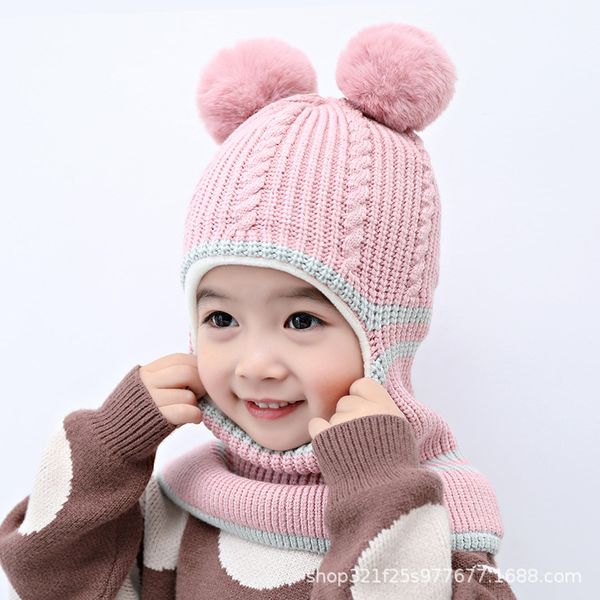 

2pcs/set 2-6years winter baby kids solid caps scarf warm wool knitted cute fox fur ball hat+scarf children neck warmer cap, Blue;gray