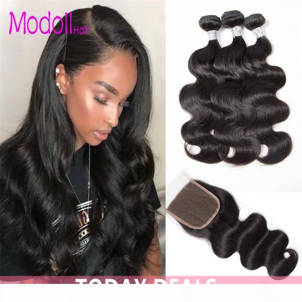 

объемная волна человеческих волос weave 3 4 связки малазийский объемная волна связки с 4 * 4 шнурка закрытие 100% remy выдвижения волос бесп, Black;brown