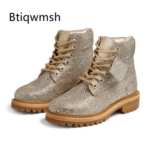 

rhinestone ankle boots women round toe lace up high heel botas de mujer fashion, Black