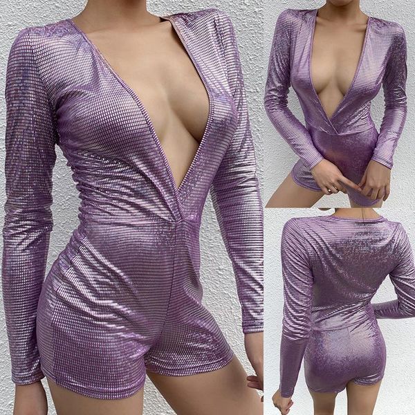 

women purple color deep v jumpsuit slim clothes panel jumpsuit shorts long sleeve new fashion ladies 20201, Black;white