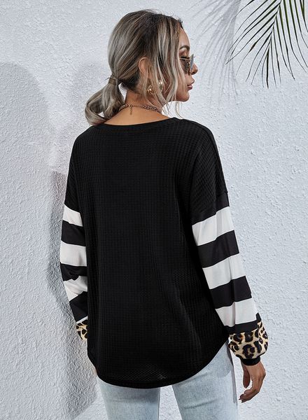 

women leopard striped patchwork tshirt spring autumn loose long sleeve crew neck tees famale panelled clothes, White