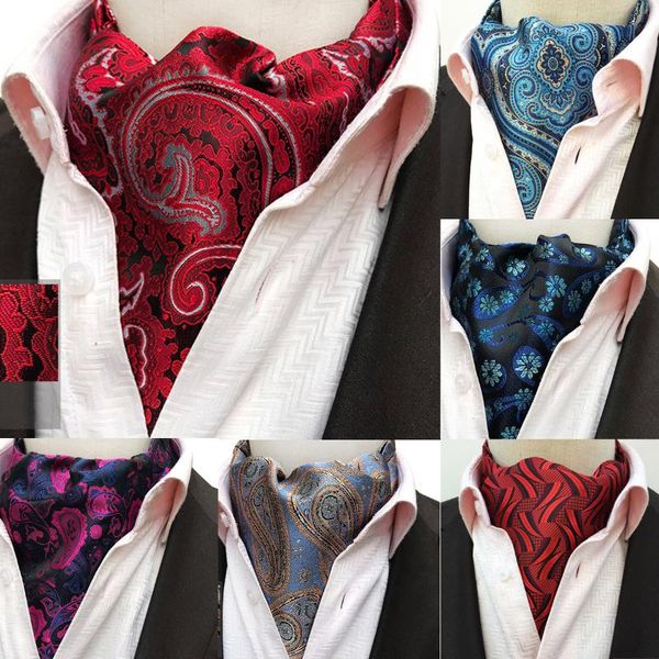 

fashion luxury men's ascot vintage paisley floral jacquard woven silk tie self cravat necktie scrunch british style gentleman, Black;gray
