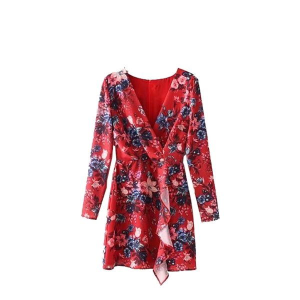 

2021 new spring elegant ruffles designed flower print dressed irregular zipper placket 43c9, Black;gray