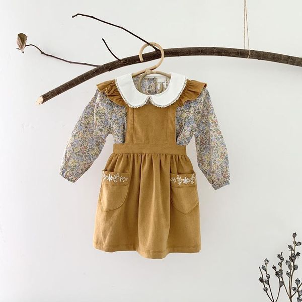 

2020 new autumn baby dresses toddler girls corduroy suspenders flowers embroidery princess overall dresses pocket strap dress, Red;yellow