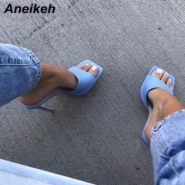 

aneikeh new 2020 square toe thin high heel women sandals fashion slip on summer beach slippers outdoor party dress ladies shoes t200827, Black
