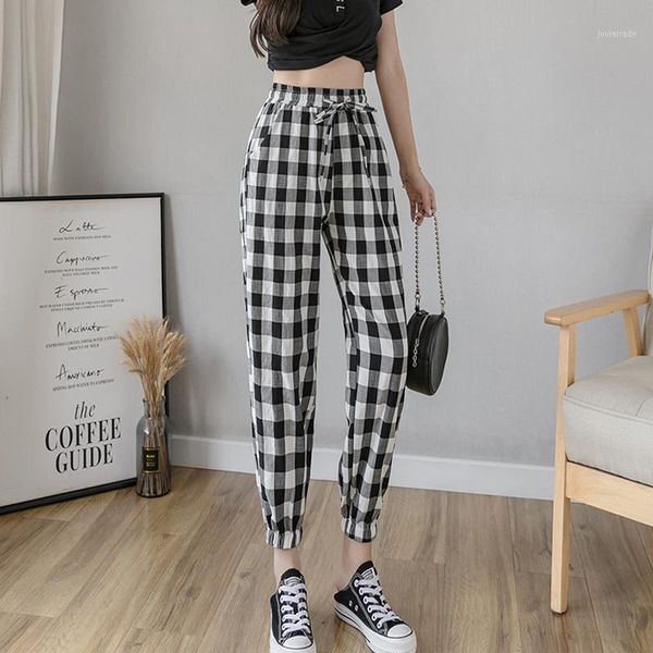 

lucyever autumn plaid women pants elastic high waist loose elegant bow female pencil pocket black cotton harajuku ladies pants1, Black;white
