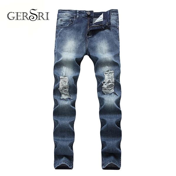 

men's jeans gersri ripped skinny biker embroidery knee hole destroyed taped straight denim scratched male, Blue