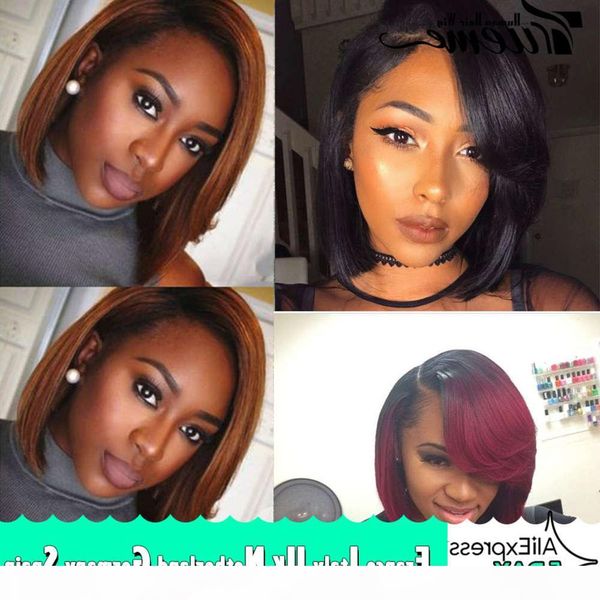 

trueme side bangs l part wig ombre brown red straight remy brazilian short bob lace front human hair wigs for black women, Black;brown