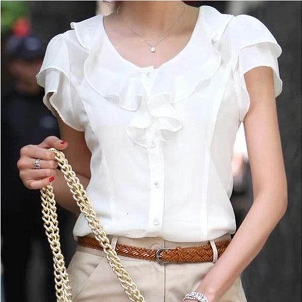

5xl large size women ruffle blouses by beads short sleeve casual shirts 2019 female clothes autumn slim office lady shirts, White