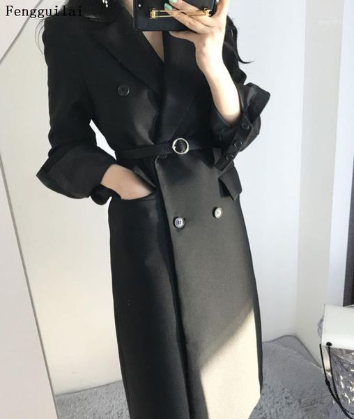 

autumn winter women casual slim double breasted long trench coat belt female korean maxi windbreaker outerwear1, Tan;black