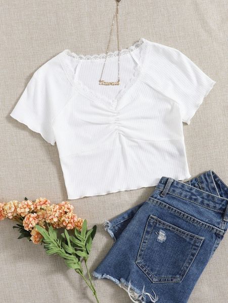 

lace trim raglan sleeve ruched rib-knit crop tee b5fy#, White