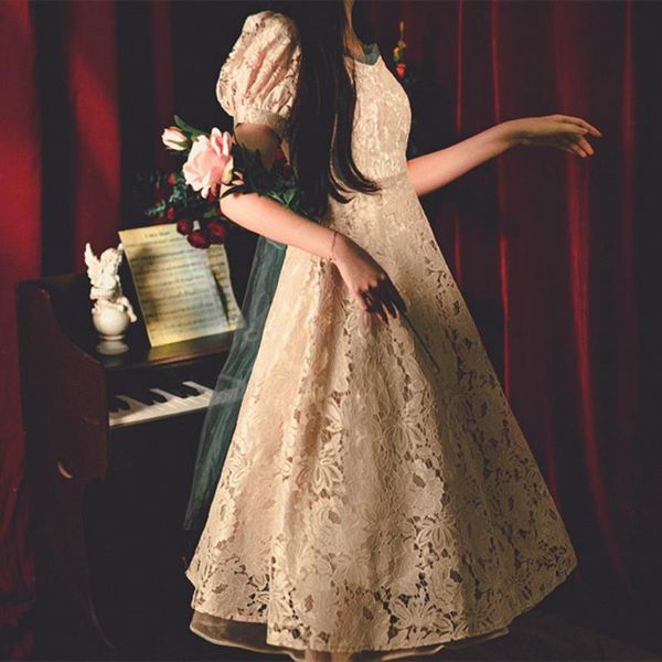 

casual dresses retro vintage dress women elegant embroidery lace chiffon puff sleeve summer korean japan style kawaii french 2021, Black;gray