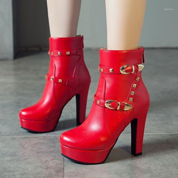

new fashion high heels boots women rivets platform ankle boots for women red yellow white short lady shoes large size1, Black