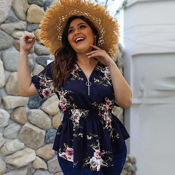 

whzhm plus size 3xl 4xl blouse ladies short sleeve party office v-neck casual zippers loose floral chiffon shirt female, White