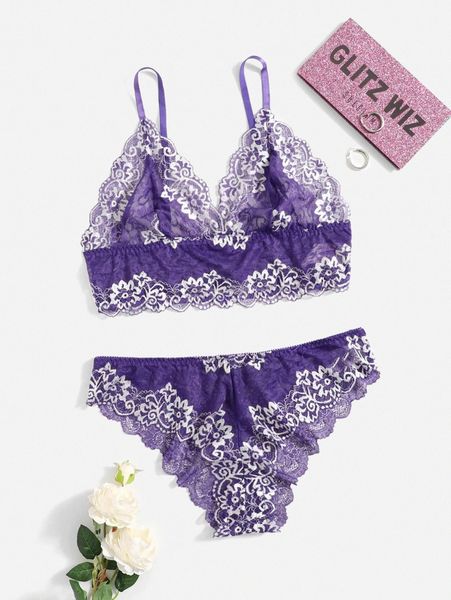 

plus floral lace lingerie set u91s#, Black;white