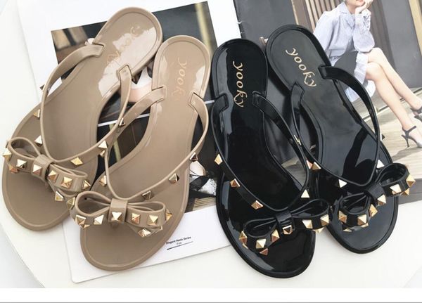

2021 new sandals for women with cool slippers with large bow tie flip-flops and beach sandals with flat jelly, Black