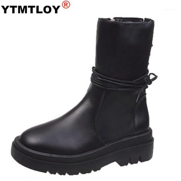 

leather boots women ankle boots motocycle female shoes autumn lace up winter 2020 new british style ankle strap high heel1, Black
