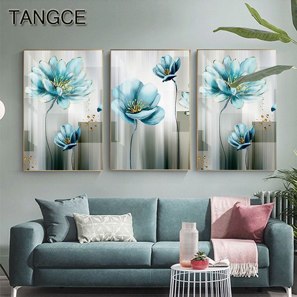

abstract canvas painting golden blue flower poster print modern nordic wall art pictures for living room bedroom home decorative