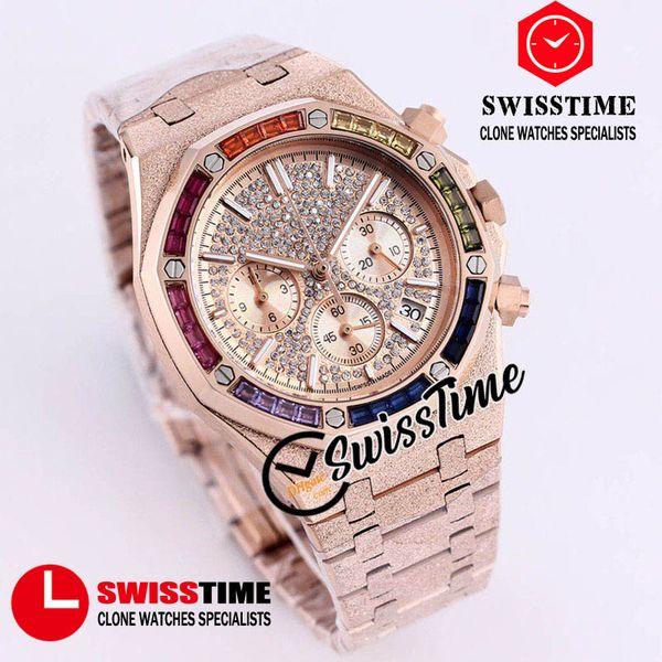 

sale new 26331 vk quartz chronograph mens watch gypsophila dial satch rose gold frost gold brushed steel rainbow diamond bezel swisstime, Slivery;brown
