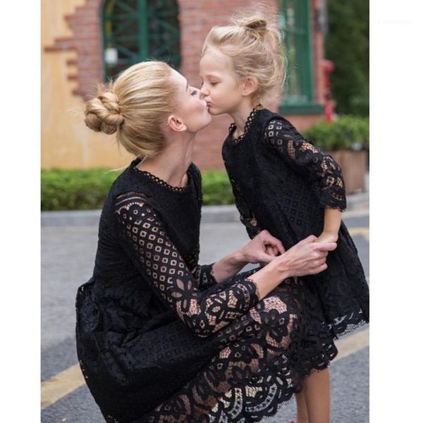 

family matching outfits 2021 mother daughter dresses lace hollow clothes look clothing princess dress elegant1, Blue
