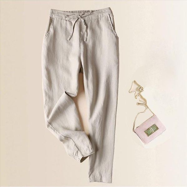 

womail summer womens casual trousers straight full length pants polyester cotton linen elastic waist pants dropship may10, Black;white