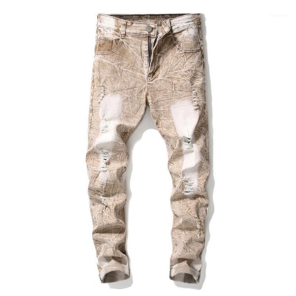 

2020 men's wear khaki jeans youth with holes faded slim fit elasticity cowboy trousers1, Blue
