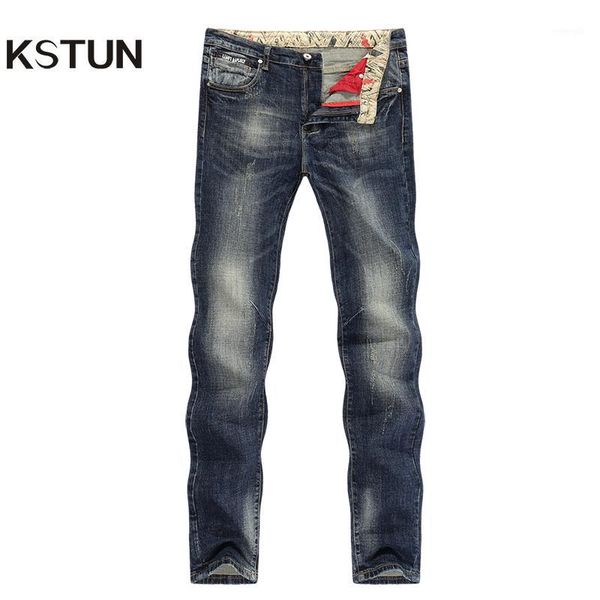 

kstun jeans men new arrivals autumn winter direct straight retro blue stretch vintage casaul streetwear moto biker jeans size 401