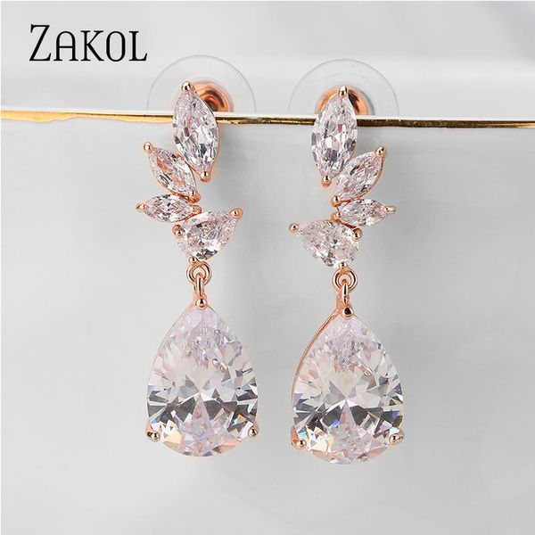 

zakol classic temperament wedding party bridal earrings water drop clear cubic zirconia cz dangle earring luxury accessories, Silver